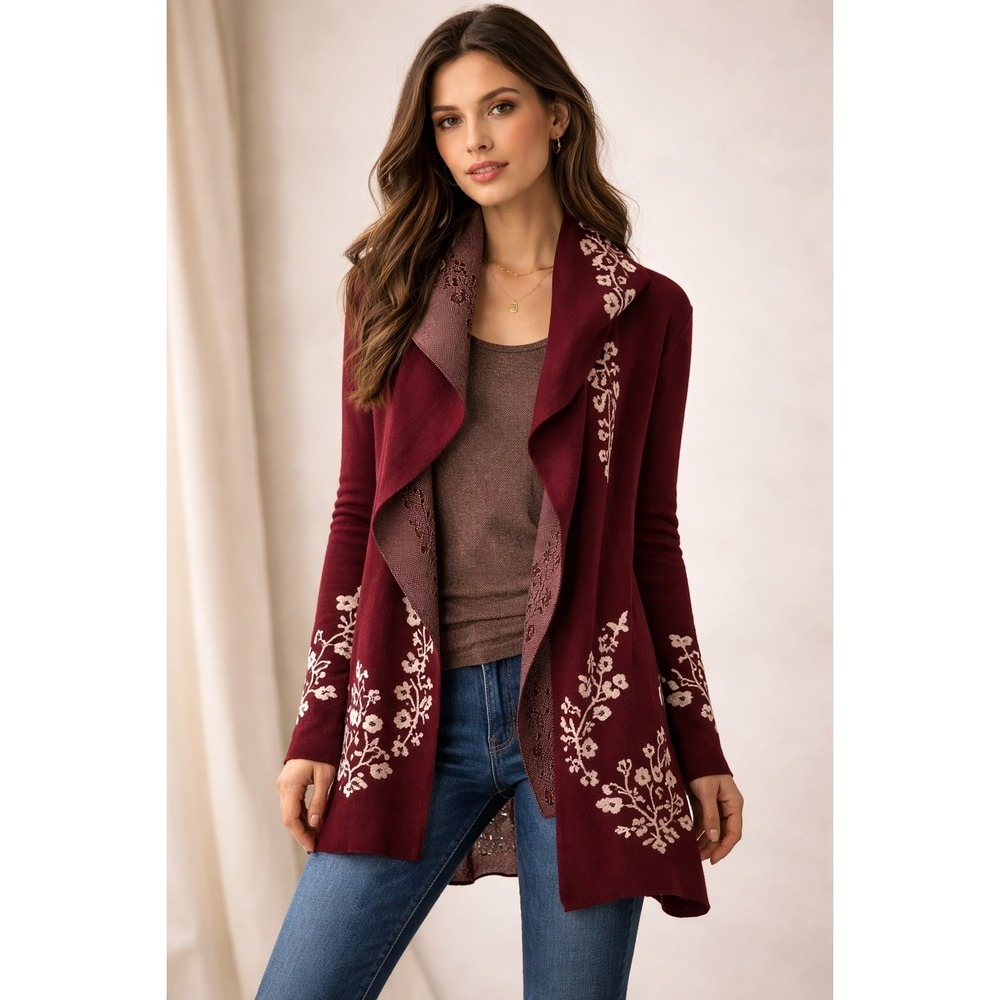 Vertigo Floral Butterfly Hooded Wool Blend Cardigan Sweater Maroon L Romantic
